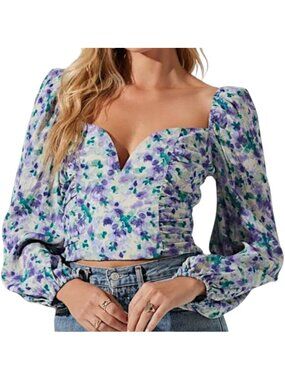 NWT ASTR The Label Blue Purple Floral Puff Sleeve Blouse XS Romantic Corset
